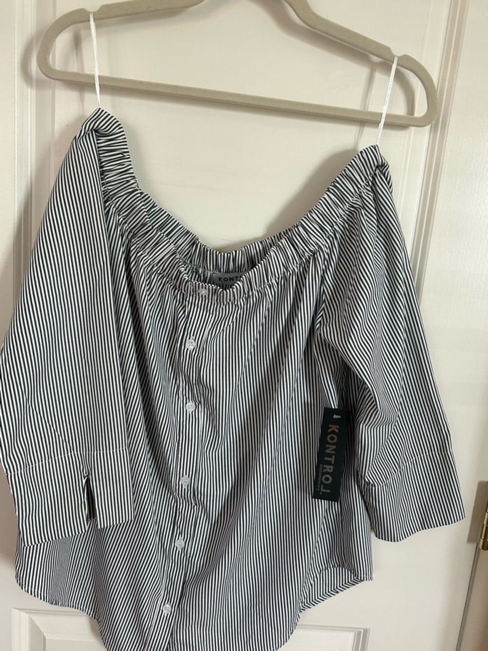Off-the-Shoulder Black & White Pinstripe Blouse